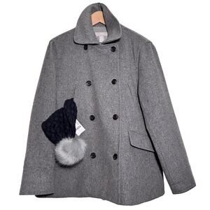 J. Crew Wool Cashmere Peacoat Gray PLUS‎ Beanie Faux Fur Pom Basket Weave Cap